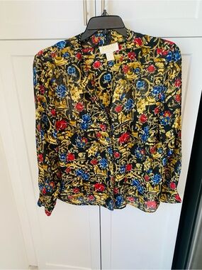 Jordan Floral Baroque Button-Up Blouse in Black, Gold, Blue & Red XL vintage